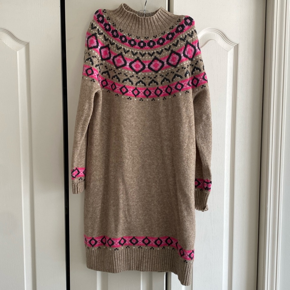 Loft Sweater Dress Women's Size S Fair Isle Sweater Mini Dress/Tunic Tan/Pink